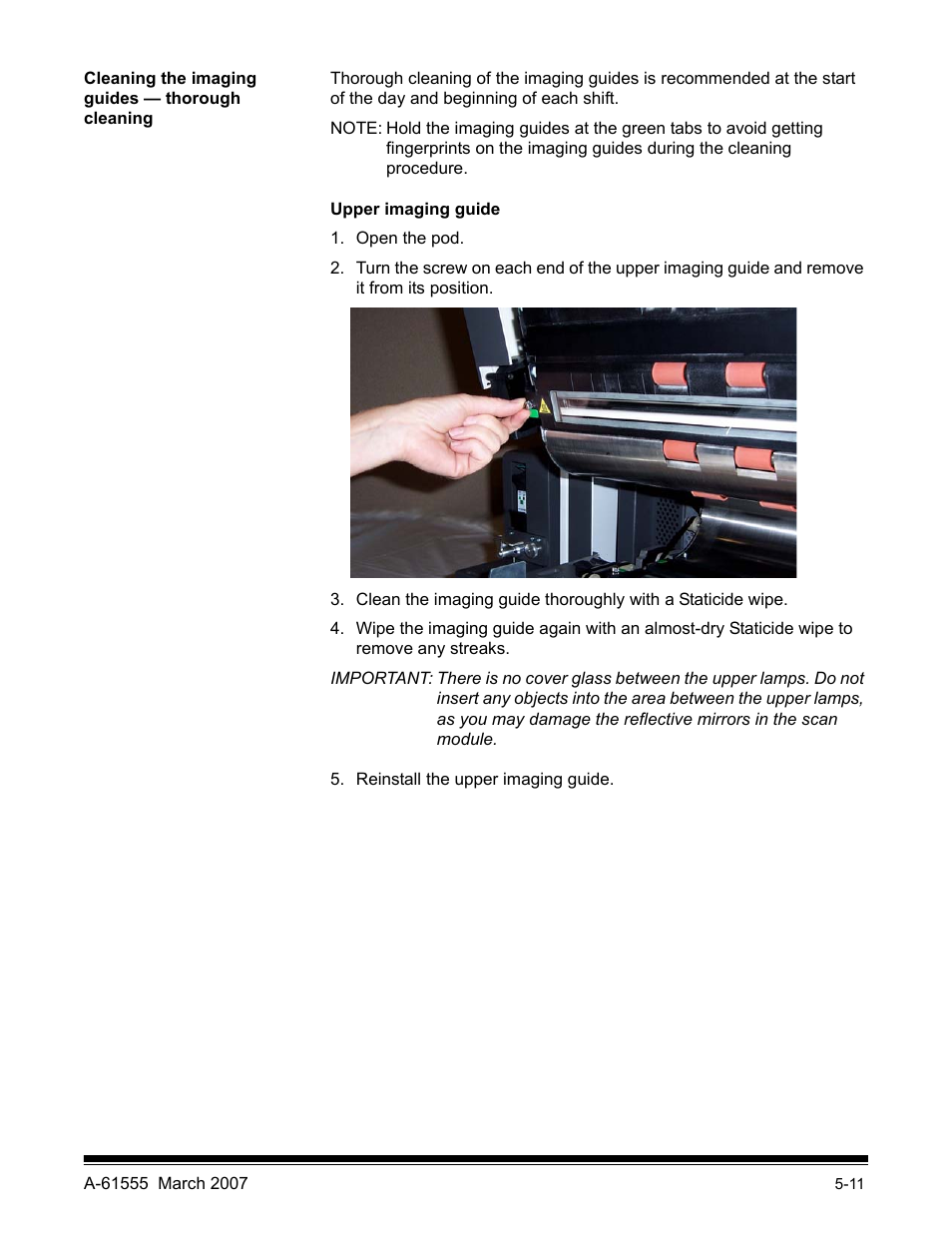 Cleaning the imaging guides - thorough cleaning | Kodak i1800 Series User Manual | Page 76 / 101