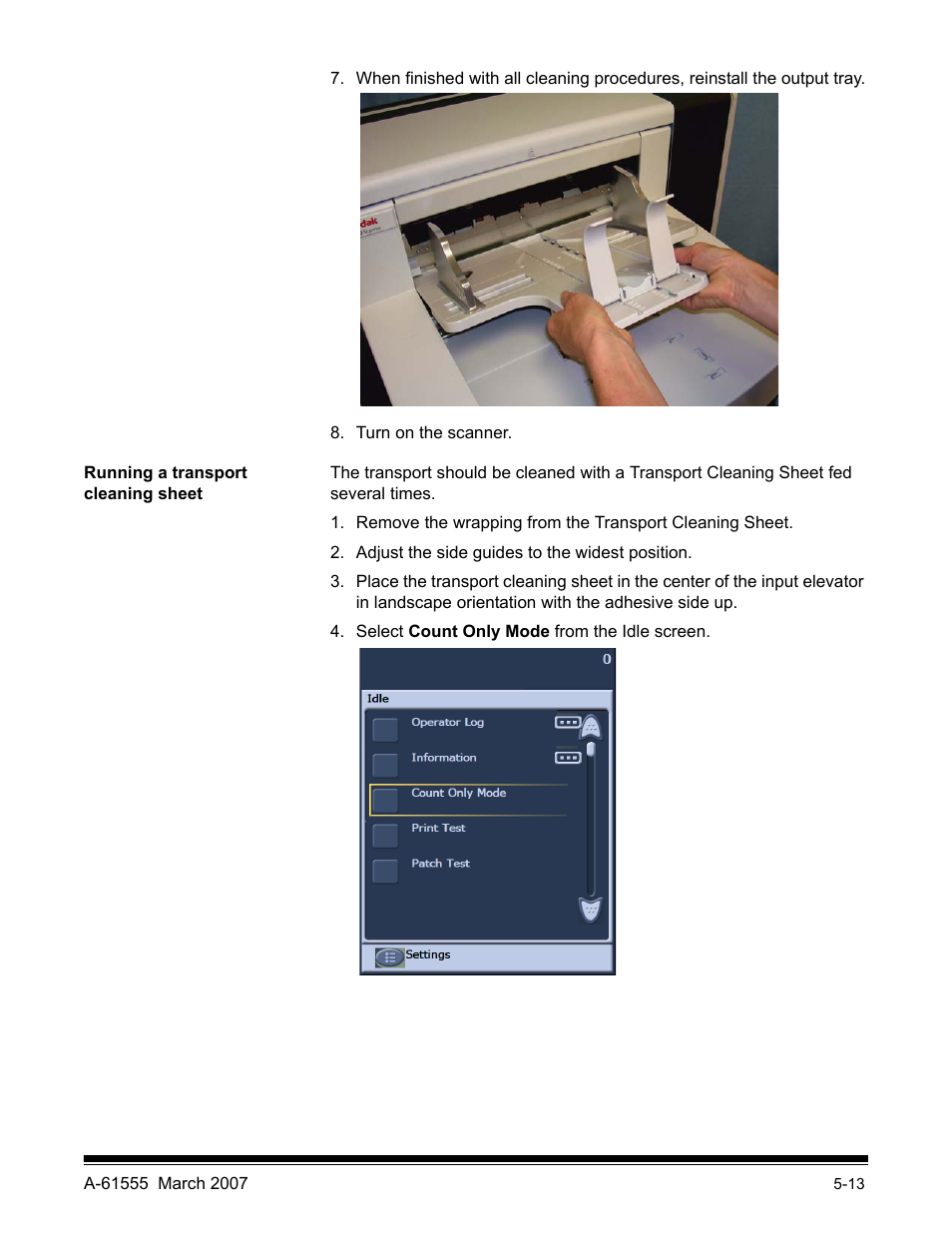 Running a transport cleaning sheet | Kodak i1800 Series User Manual | Page 78 / 101
