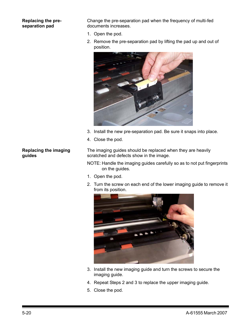 Replacing the pre-separation pad, Replacing the imaging guides | Kodak i1800 Series User Manual | Page 85 / 101