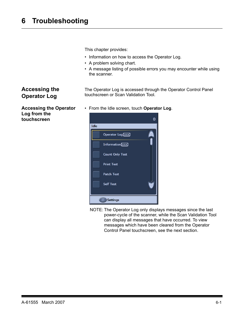 6 troubleshooting, Accessing the operator log, Accessing the operator log from the touchscreen | Kodak i1800 Series User Manual | Page 86 / 101