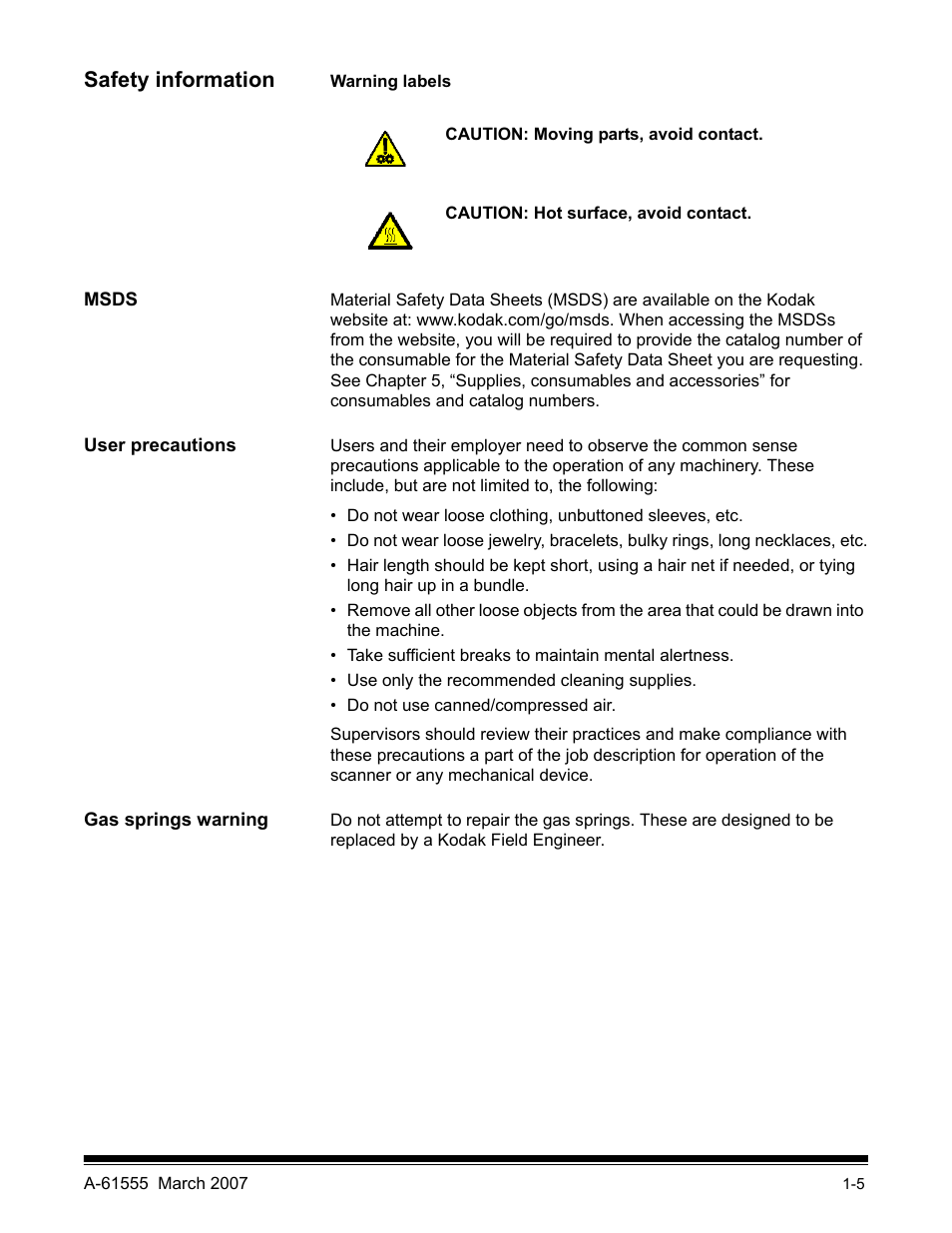 Safety information, Msds, User precautions | Gas springs warning | Kodak i1800 Series User Manual | Page 9 / 101