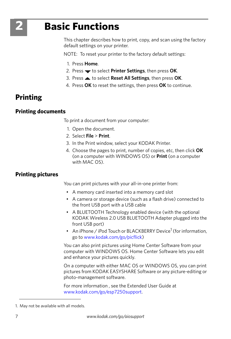 Basic functions, Printing, Printing documents | Printing pictures, 2 basic functions, Printing documents printing pictures | Kodak ESP 7200 Series User Manual | Page 10 / 19