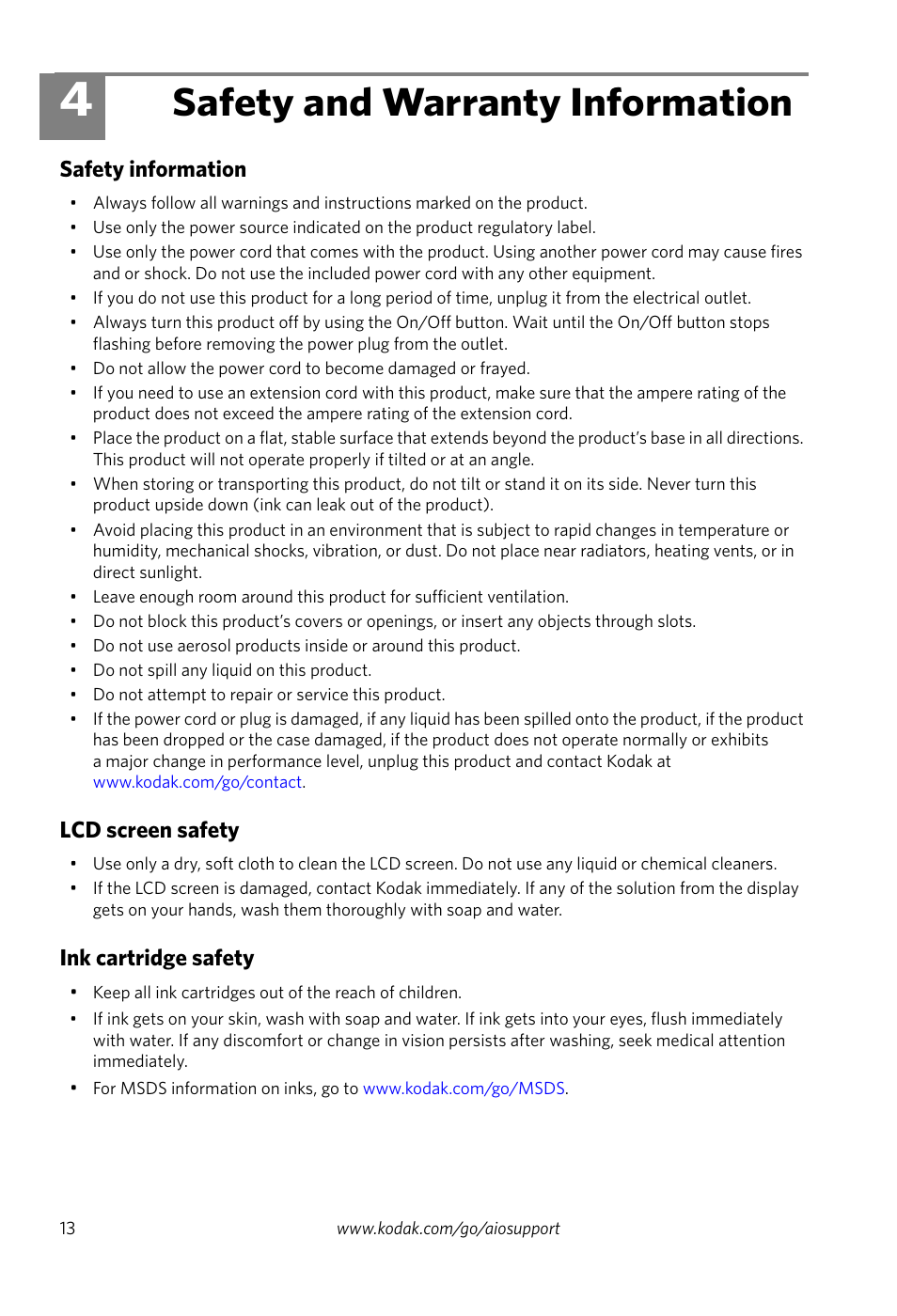 Safety and warranty information, Safety information, Lcd screen safety | Ink cartridge safety, 4 safety and warranty information | Kodak ESP 7200 Series User Manual | Page 16 / 19