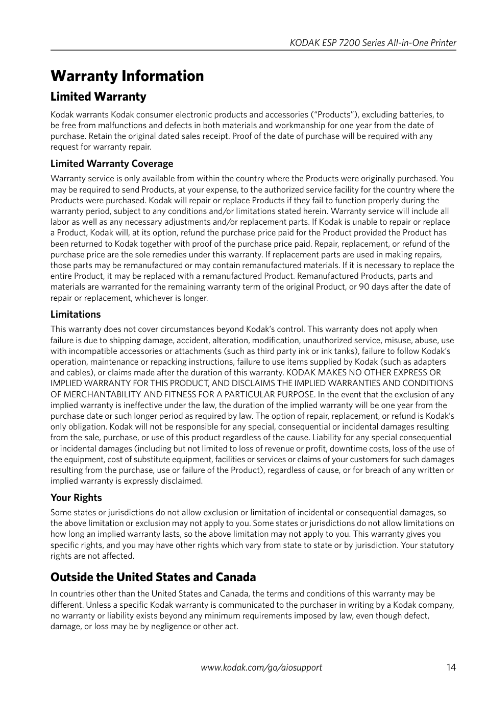 Warranty information, Limited warranty, Outside the united states and canada | Kodak ESP 7200 Series User Manual | Page 17 / 19