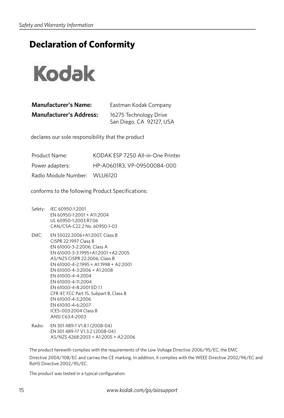 Declaration of conformity, Manufacturer's name, Manufacturer's address | Kodak ESP 7200 Series User Manual | Page 18 / 19