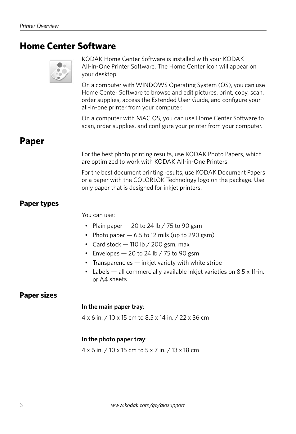 Home center software, Paper, Paper types | Paper sizes, Home center software paper, Paper types paper sizes | Kodak ESP 7200 Series User Manual | Page 6 / 19