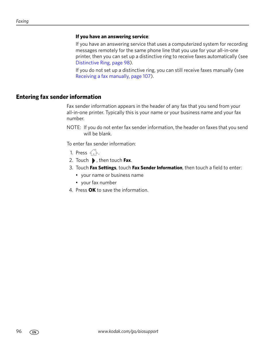 Entering fax sender information, Entering fax sender | Kodak 9.1 User Manual | Page 102 / 145
