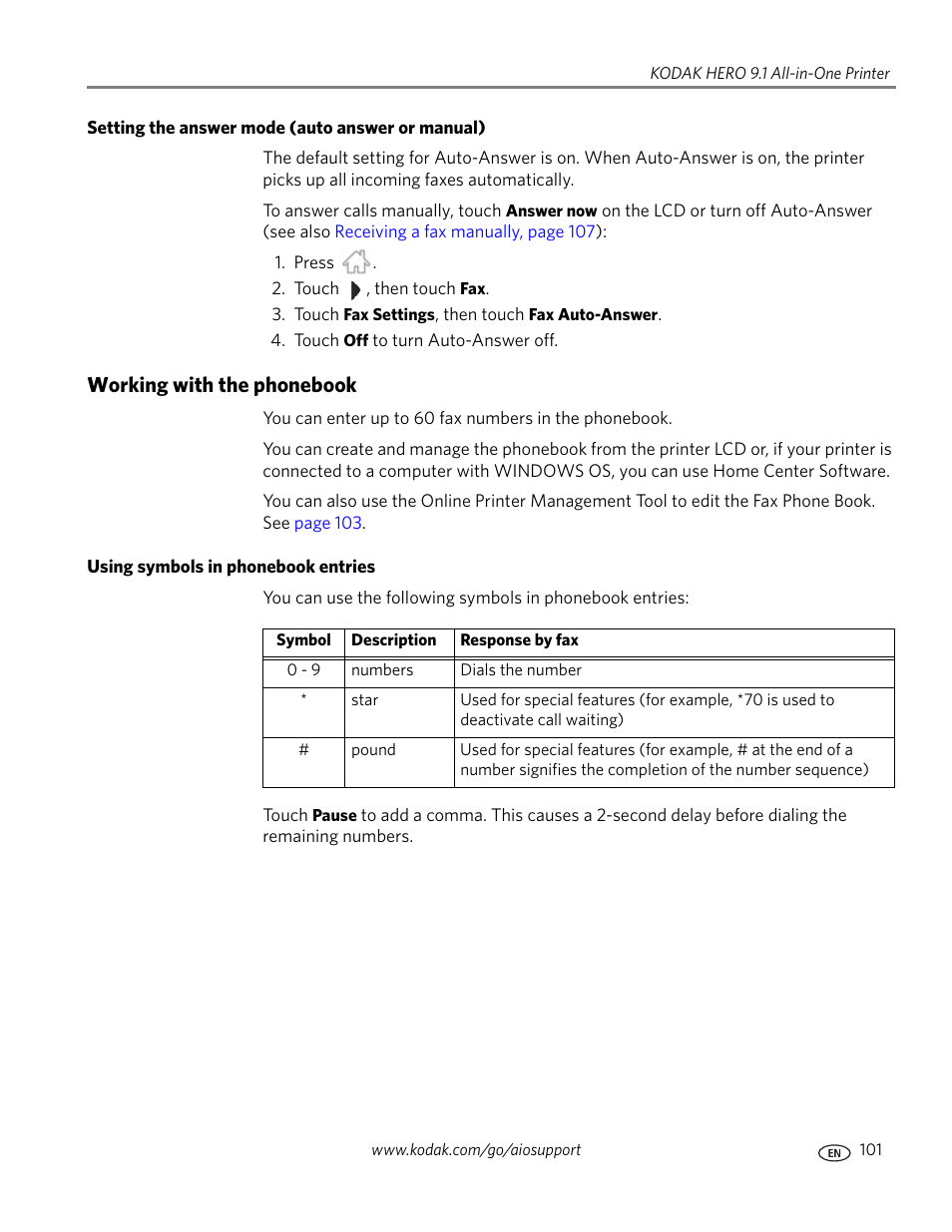 Setting the answer mode (auto answer or manual), Working with the phonebook, Using symbols in phonebook entries | Kodak 9.1 User Manual | Page 107 / 145