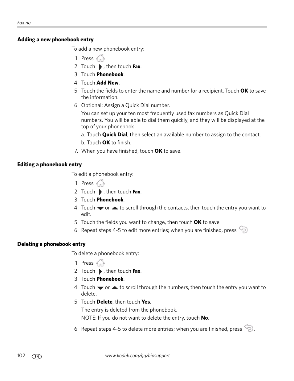 Adding a new phonebook entry, Editing a phonebook entry, Deleting a phonebook entry | Kodak 9.1 User Manual | Page 108 / 145