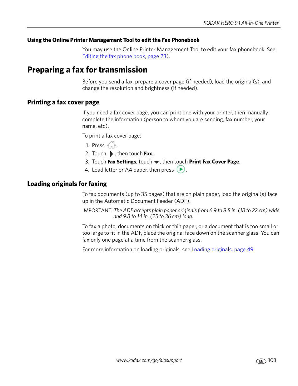 Preparing a fax for transmission, Loading originals for faxing | Kodak 9.1 User Manual | Page 109 / 145