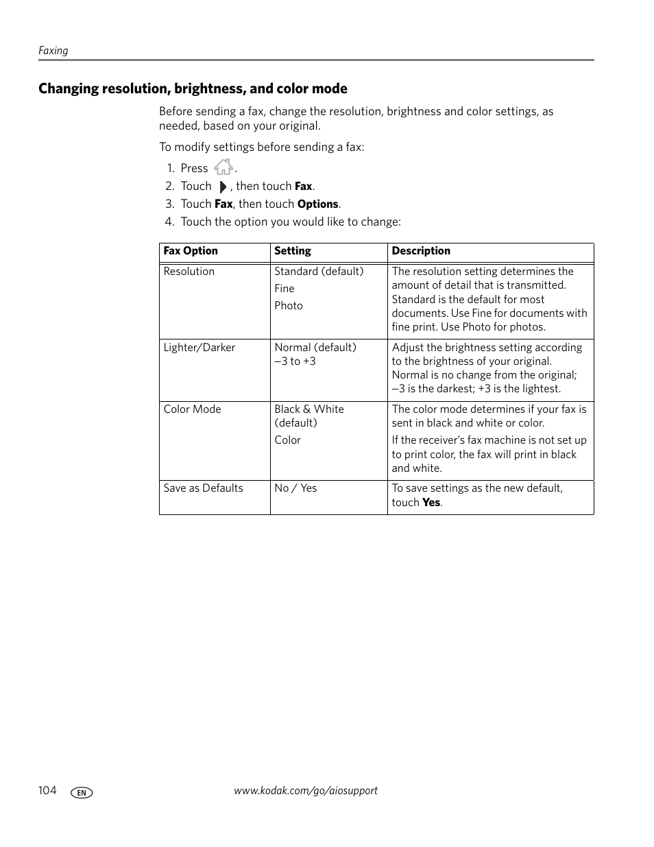 Changing resolution, brightness, and color mode | Kodak 9.1 User Manual | Page 110 / 145