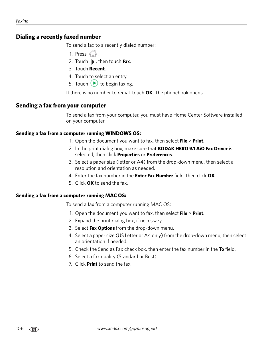 Dialing a recently faxed number, Sending a fax from your computer, Sending a fax from a computer running windows os | Sending a fax from a computer running mac os | Kodak 9.1 User Manual | Page 112 / 145