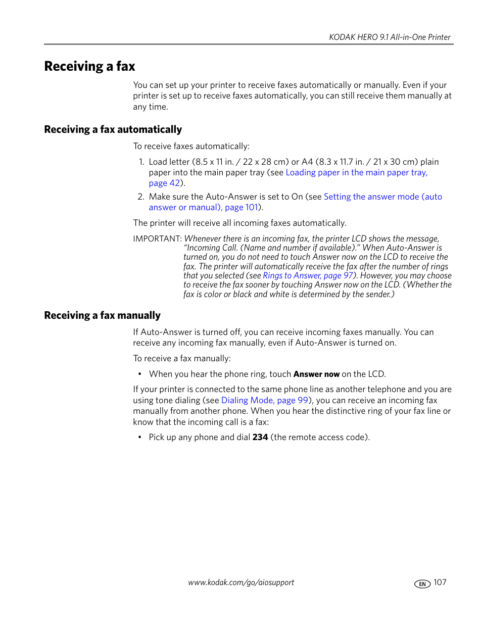Receiving a fax, Receiving a fax automatically, Receiving a fax manually | Ally (see, Ee also | Kodak 9.1 User Manual | Page 113 / 145