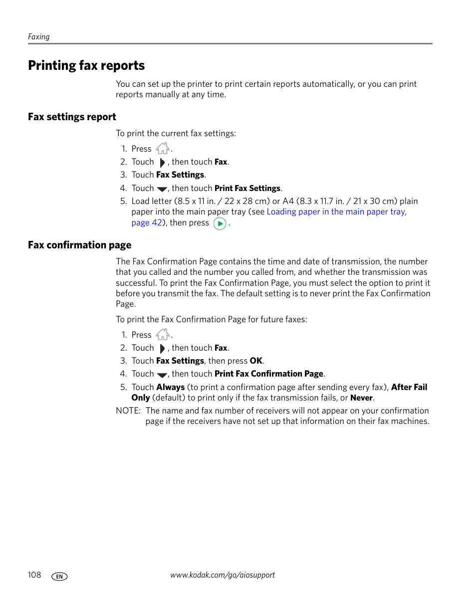 Printing fax reports, Fax settings report | Kodak 9.1 User Manual | Page 114 / 145