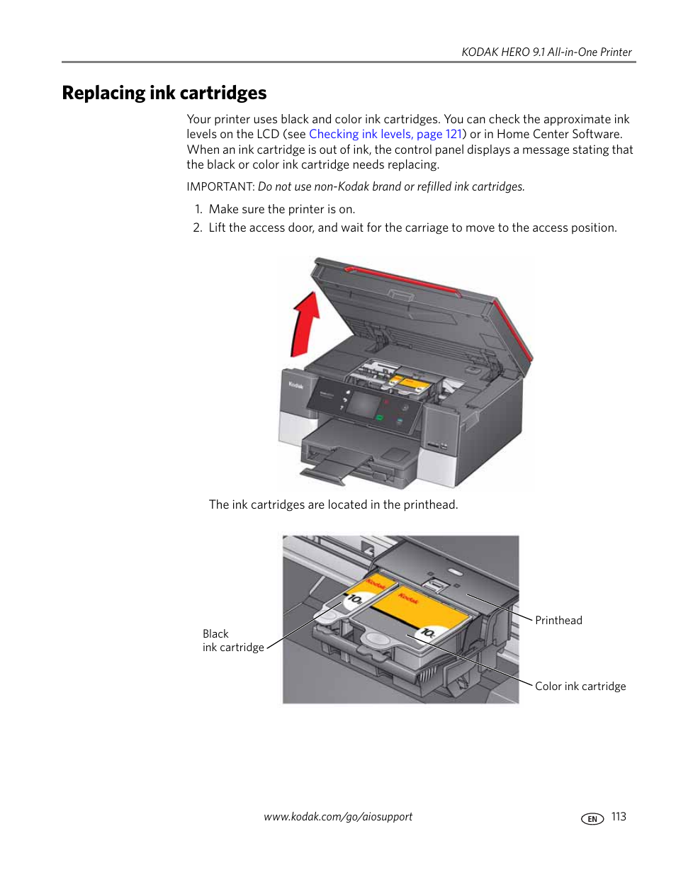 Replacing ink cartridges | Kodak 9.1 User Manual | Page 119 / 145