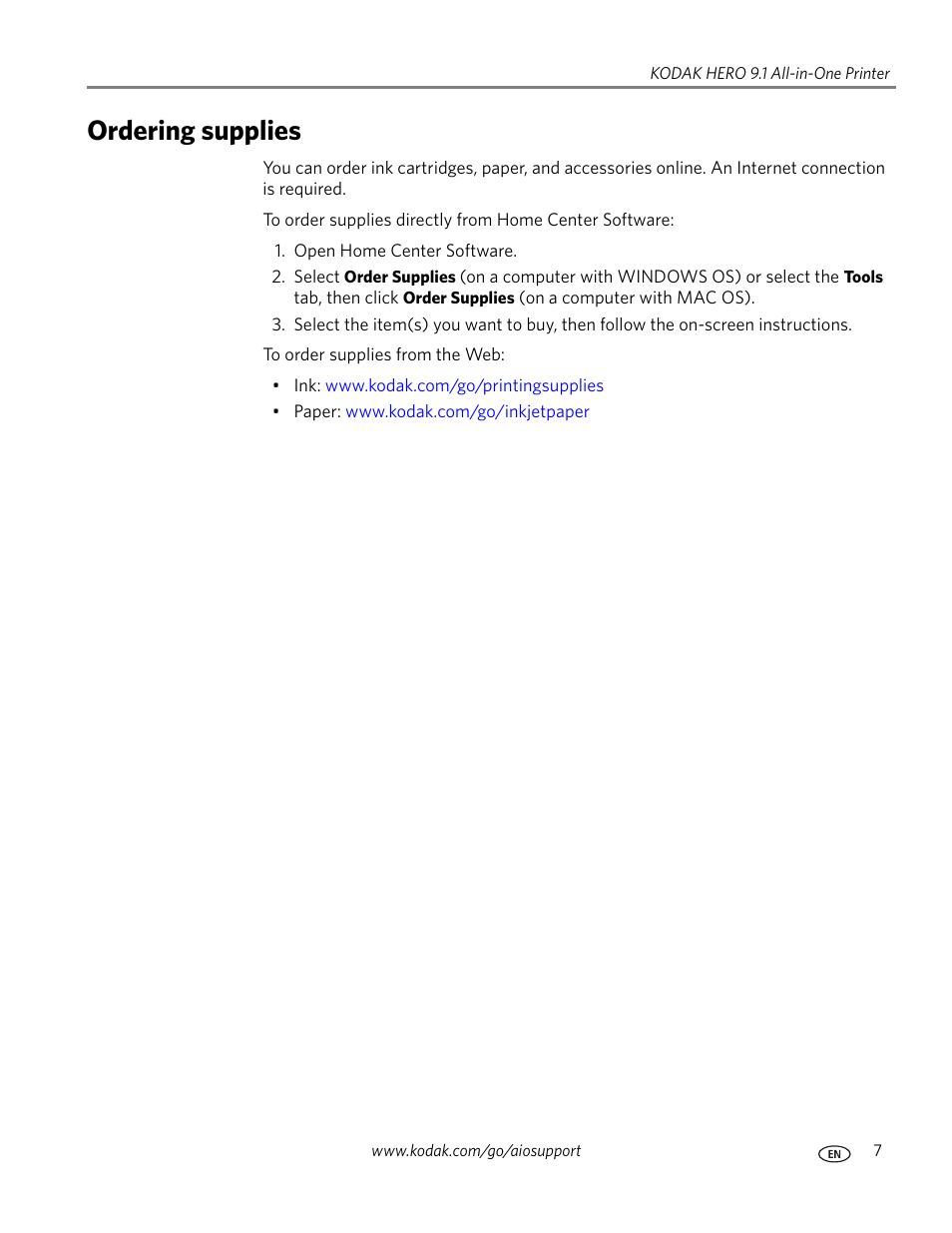 Ordering supplies | Kodak 9.1 User Manual | Page 13 / 145