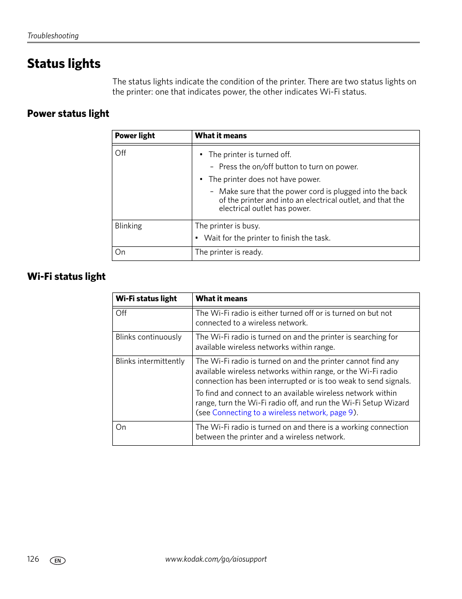 Status lights, Power status light, Wi-fi status light | Power status light wi-fi status light | Kodak 9.1 User Manual | Page 132 / 145