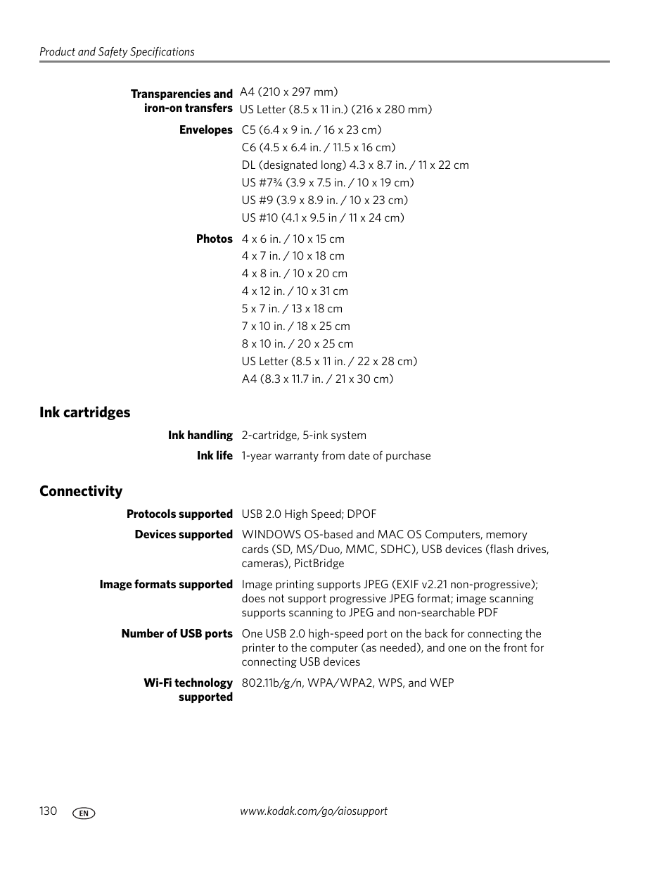 Ink cartridges, Connectivity, Ink cartridges connectivity | Kodak 9.1 User Manual | Page 136 / 145