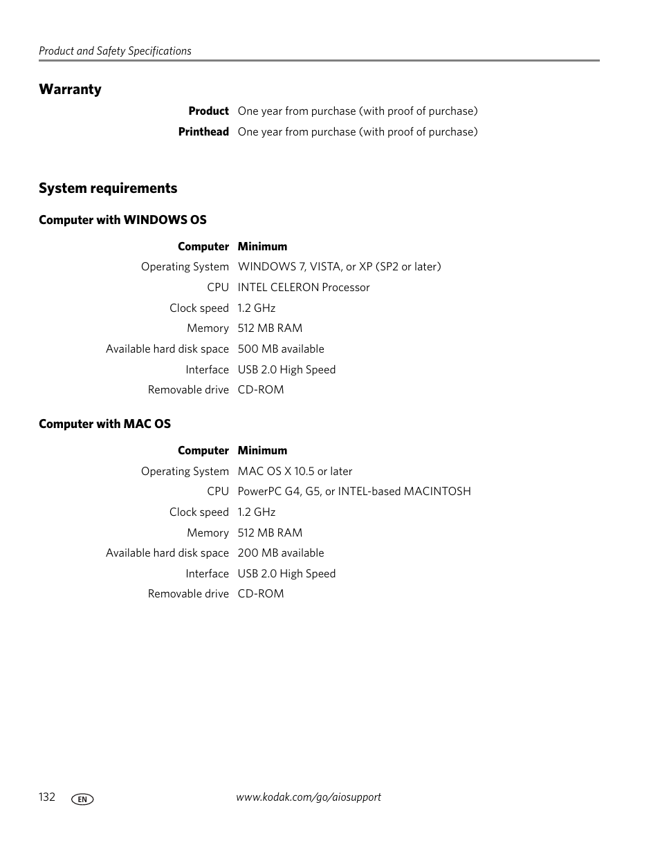 Warranty, System requirements, Computer with windows os | Computer with mac os, Warranty system requirements | Kodak 9.1 User Manual | Page 138 / 145