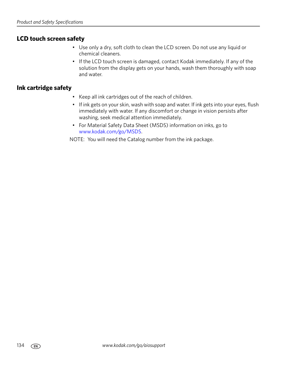 Lcd touch screen safety, Ink cartridge safety, Lcd touch screen safety ink cartridge safety | Kodak 9.1 User Manual | Page 140 / 145