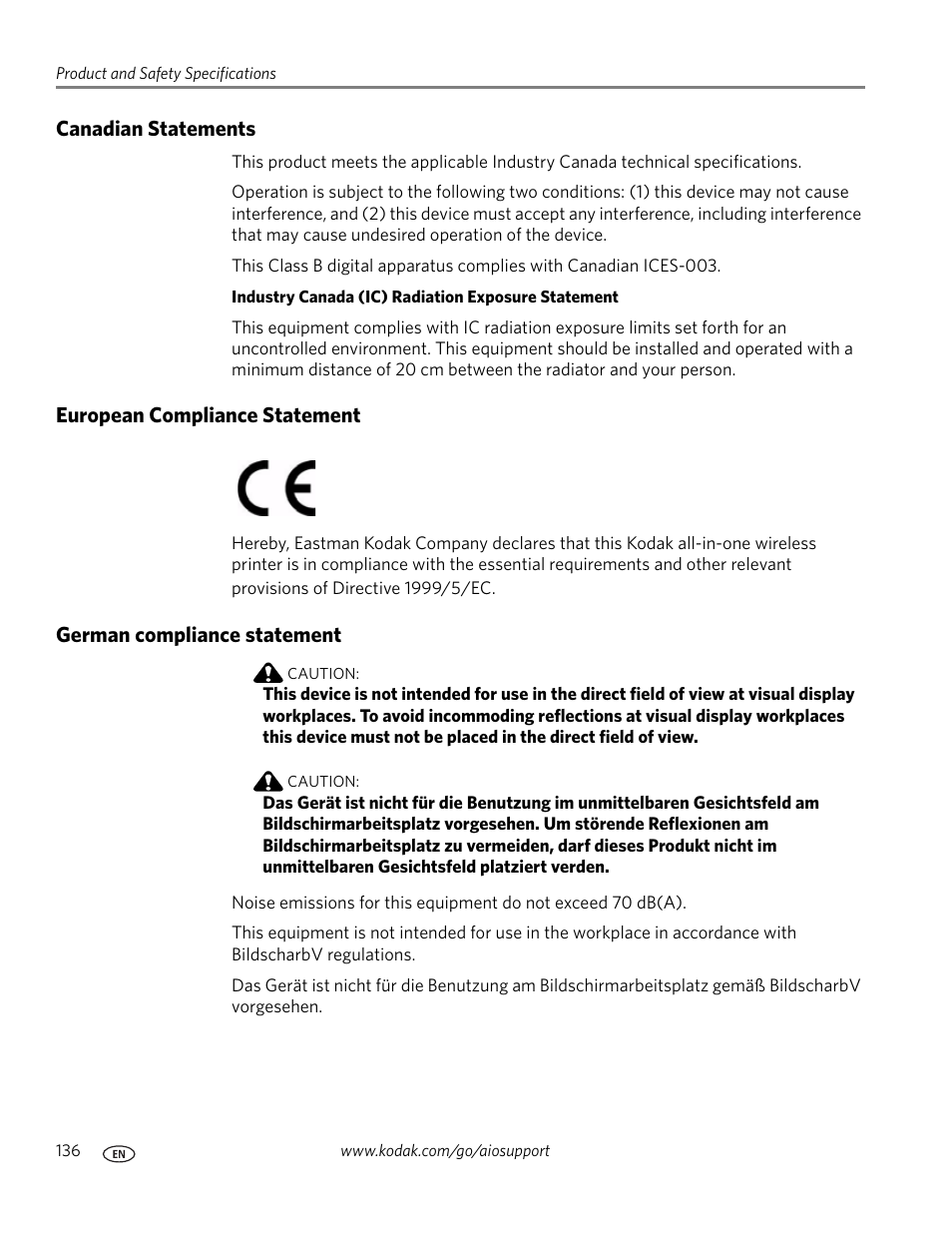 Canadian statements, European compliance statement, German compliance statement | Kodak 9.1 User Manual | Page 142 / 145