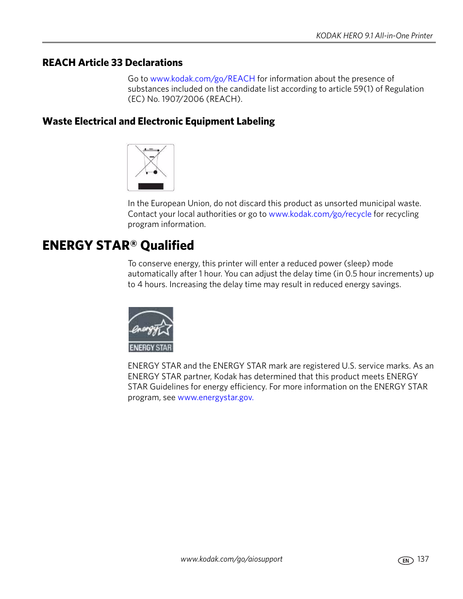 Reach article 33 declarations, Waste electrical and electronic equipment labeling, Energy star® qualified | Kodak 9.1 User Manual | Page 143 / 145