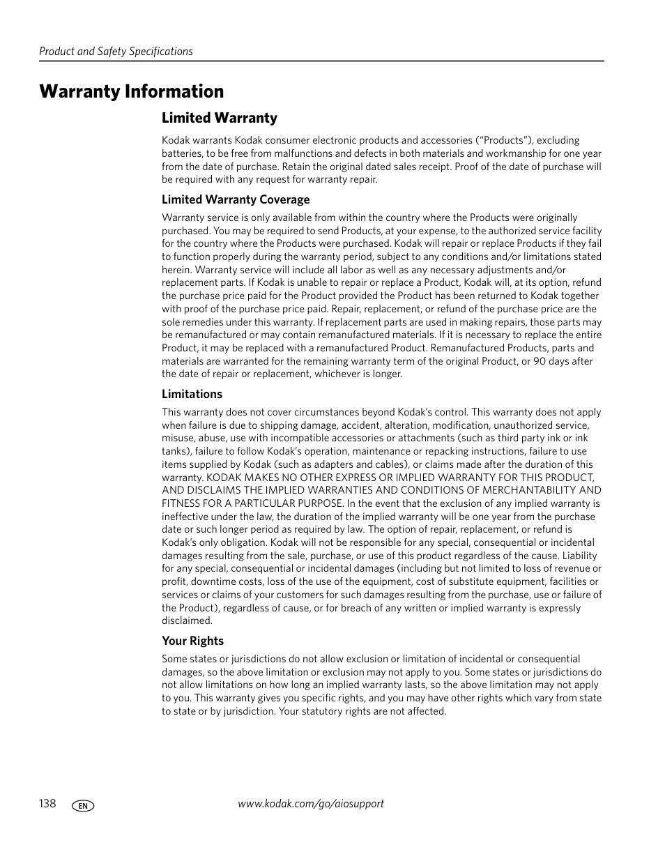 Warranty information | Kodak 9.1 User Manual | Page 144 / 145