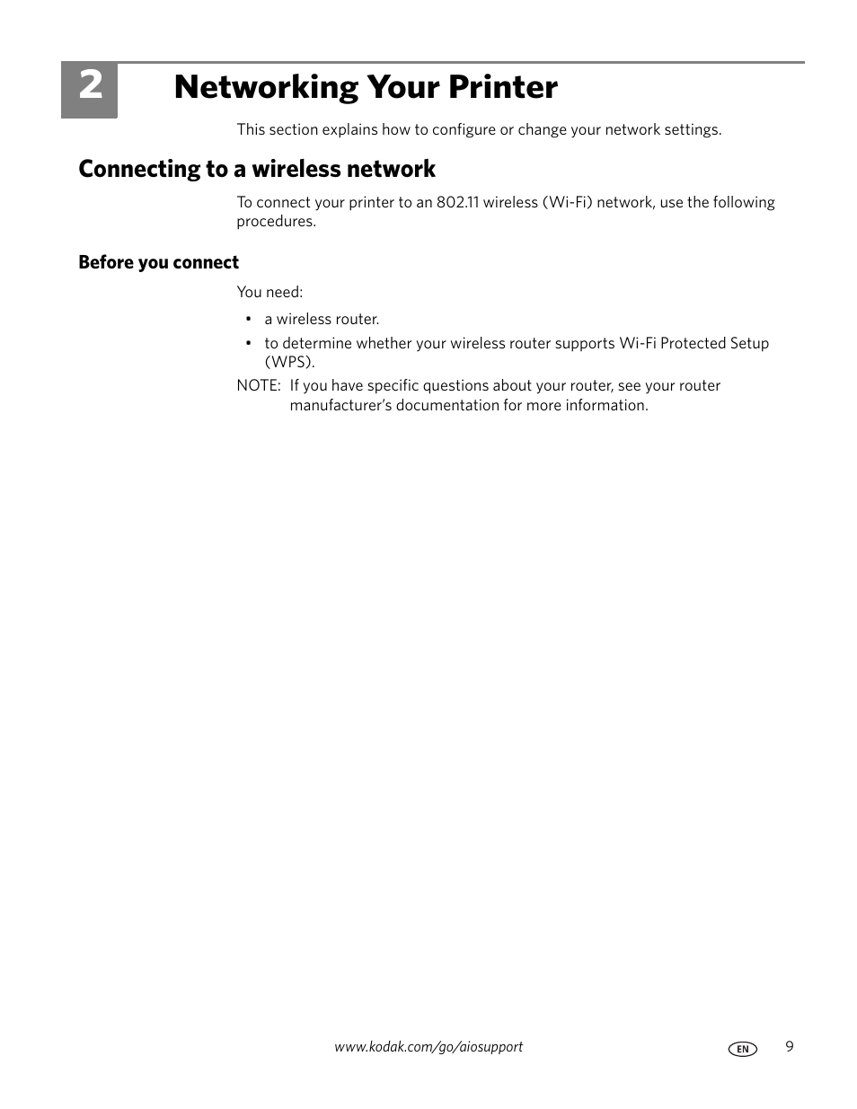 Networking your printer, Connecting to a wireless network, Before you connect | 2 networking your printer | Kodak 9.1 User Manual | Page 15 / 145