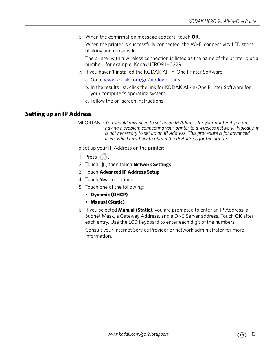 Setting up an ip address | Kodak 9.1 User Manual | Page 19 / 145