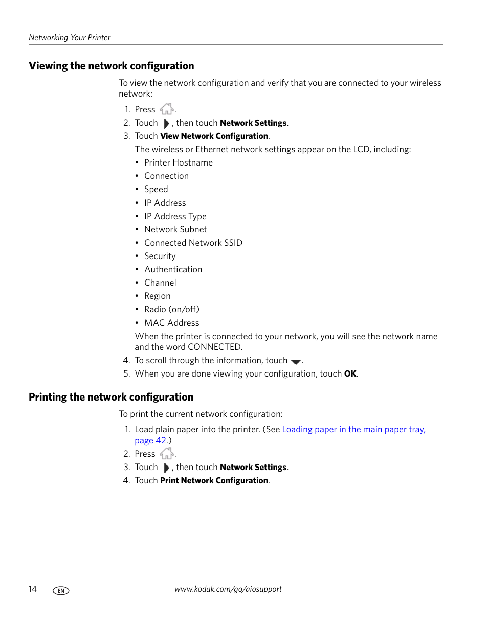 Viewing the network configuration, Printing the network configuration | Kodak 9.1 User Manual | Page 20 / 145