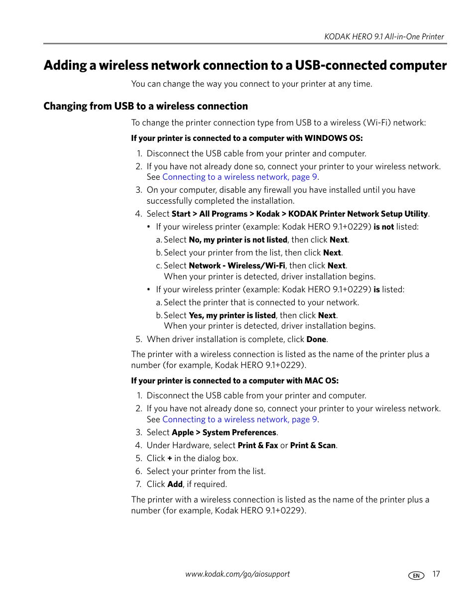 Changing from usb to a wireless connection | Kodak 9.1 User Manual | Page 23 / 145