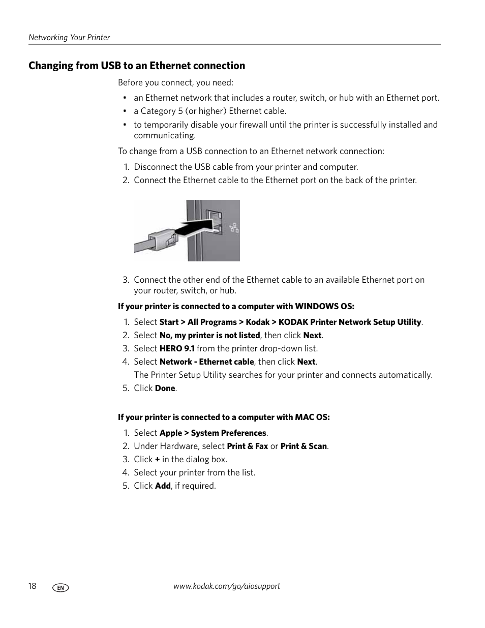 Changing from usb to an ethernet connection | Kodak 9.1 User Manual | Page 24 / 145