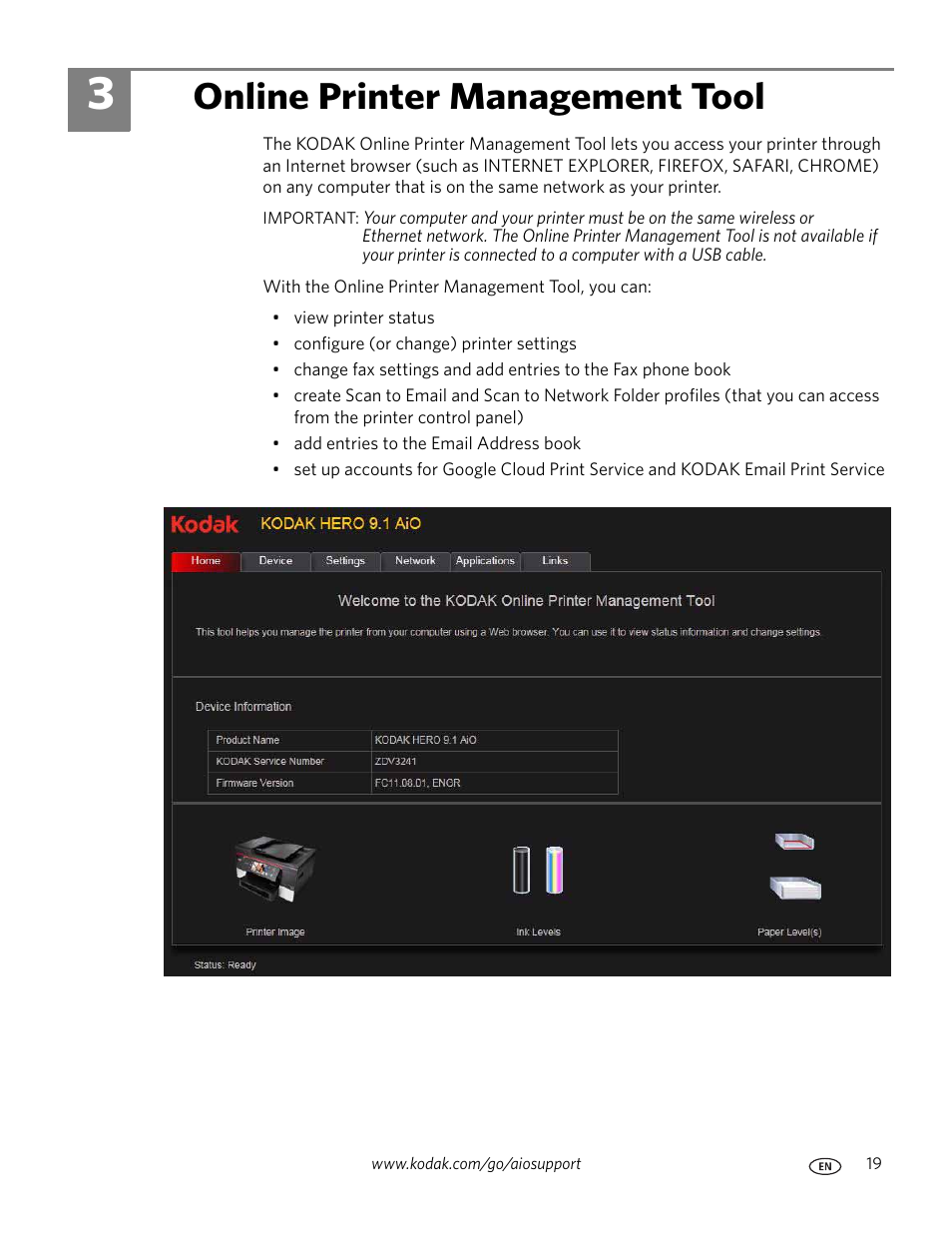 Online printer management tool, 3 online printer management tool | Kodak 9.1 User Manual | Page 25 / 145