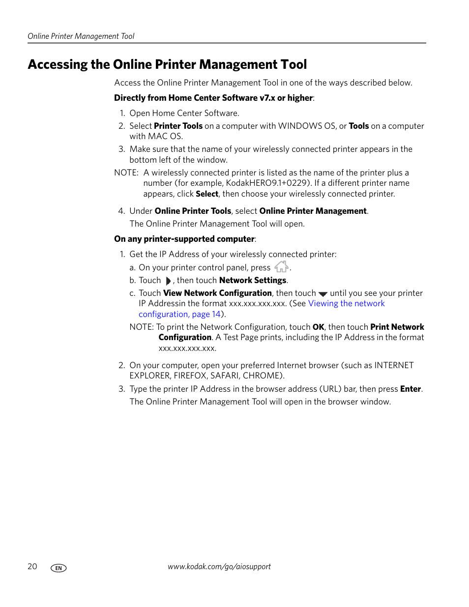 Accessing the online printer management tool | Kodak 9.1 User Manual | Page 26 / 145