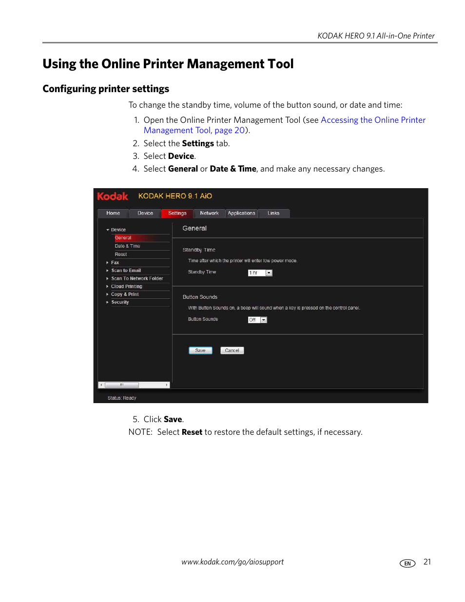 Using the online printer management tool, Configuring printer settings | Kodak 9.1 User Manual | Page 27 / 145