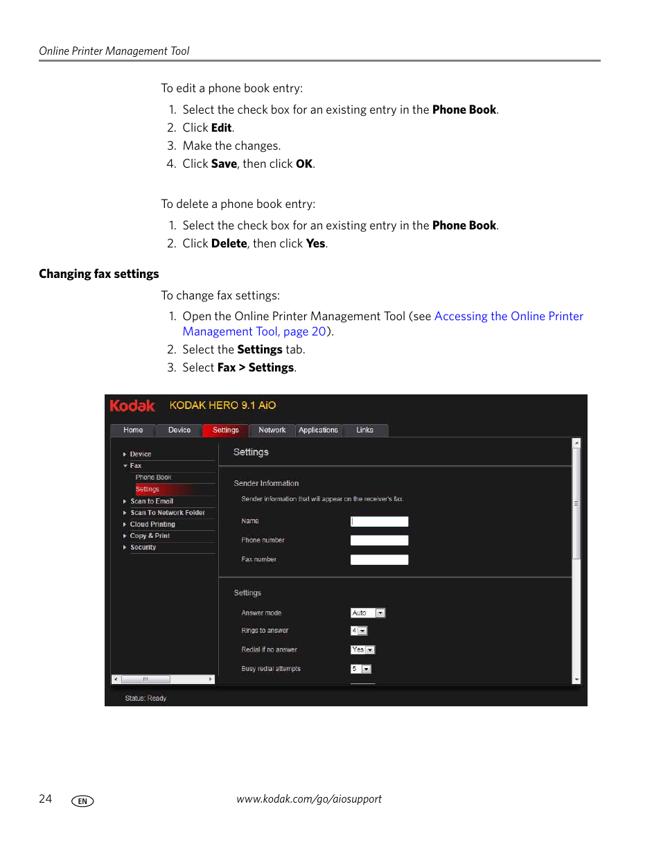 Changing fax settings | Kodak 9.1 User Manual | Page 30 / 145