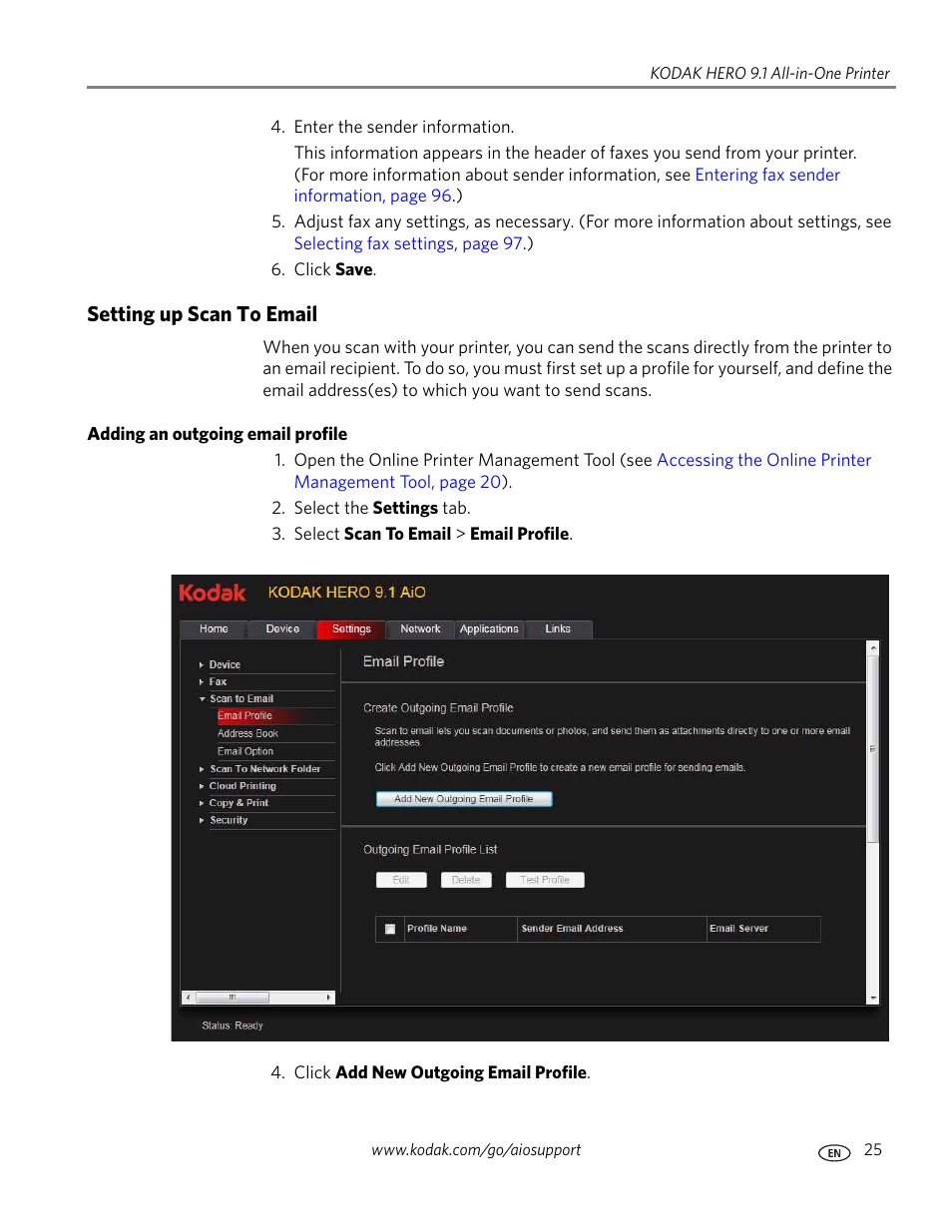 Setting up scan to email, Adding an outgoing email profile | Kodak 9.1 User Manual | Page 31 / 145