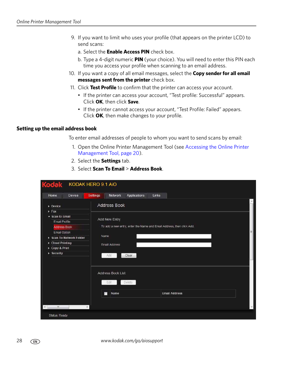 Setting up the email address book | Kodak 9.1 User Manual | Page 34 / 145