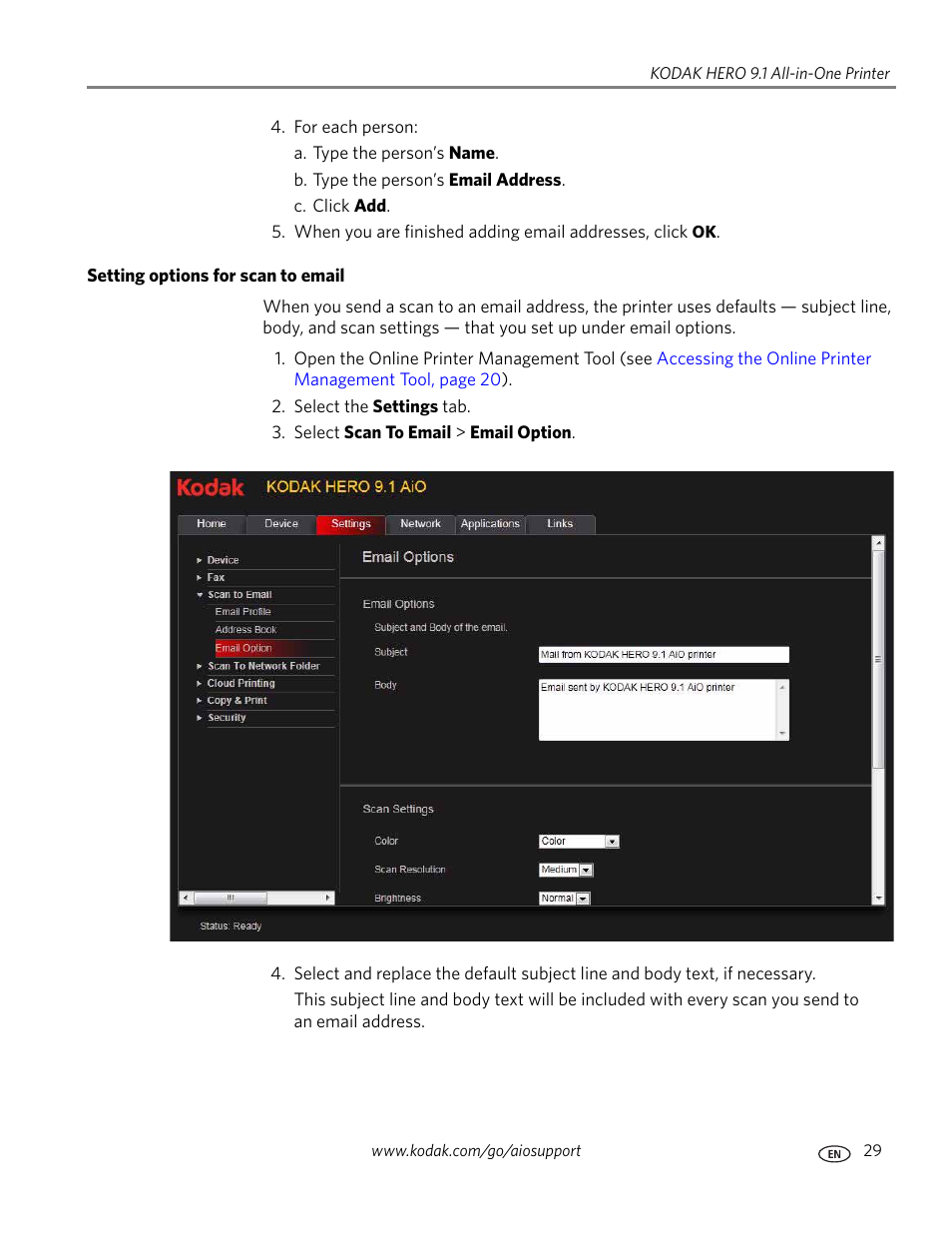 Setting options for scan to email | Kodak 9.1 User Manual | Page 35 / 145