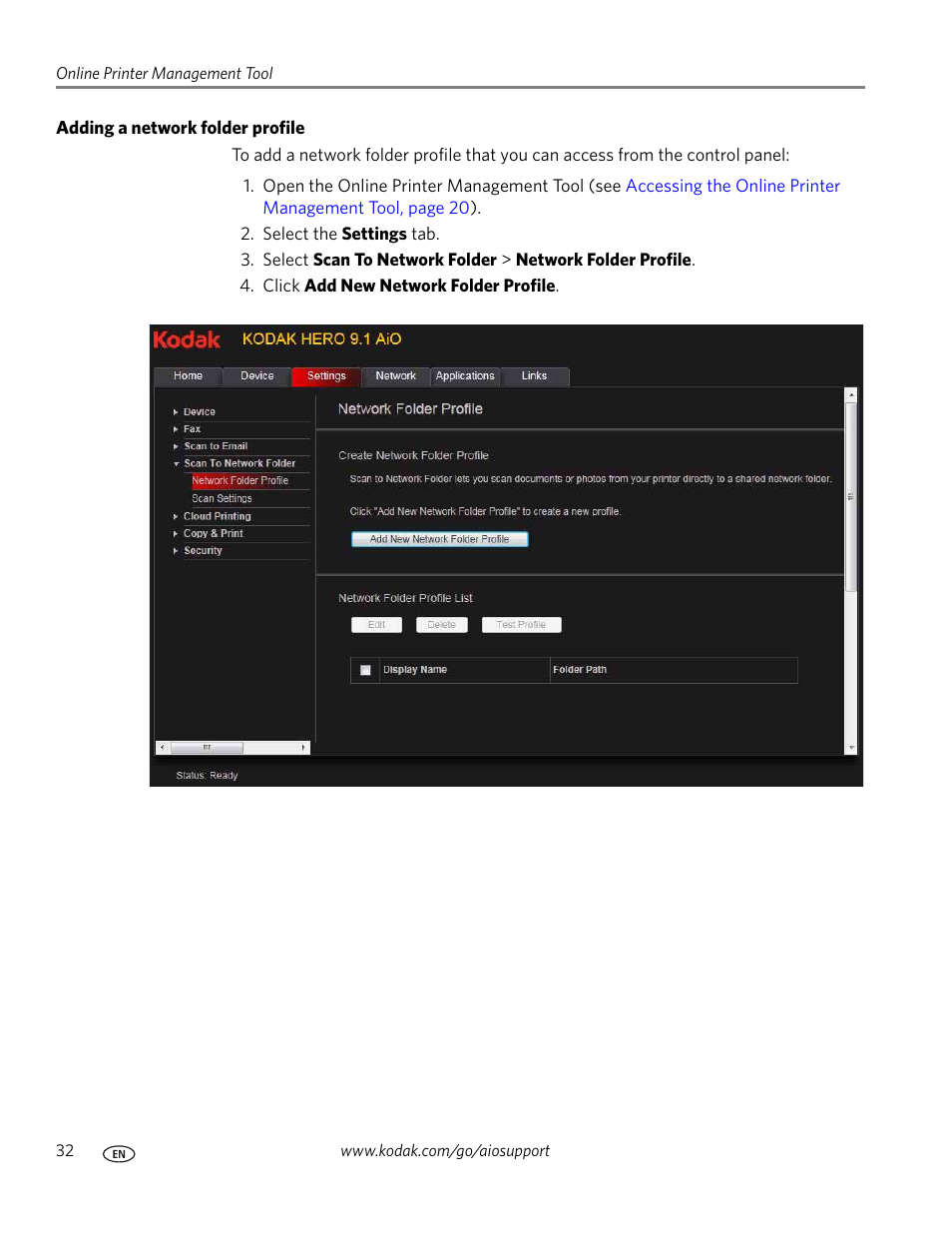 Adding a network folder profile | Kodak 9.1 User Manual | Page 38 / 145