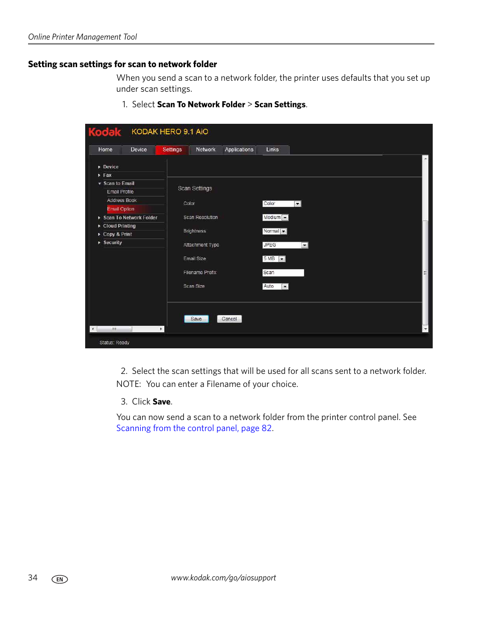 Setting scan settings for scan to network folder | Kodak 9.1 User Manual | Page 40 / 145