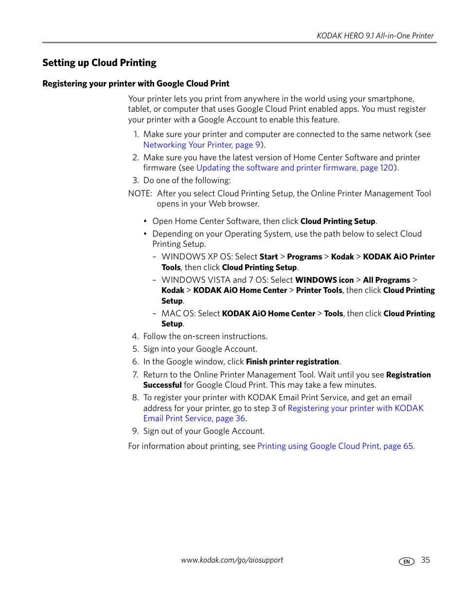 Setting up cloud printing, Registering your printer with google cloud print | Kodak 9.1 User Manual | Page 41 / 145