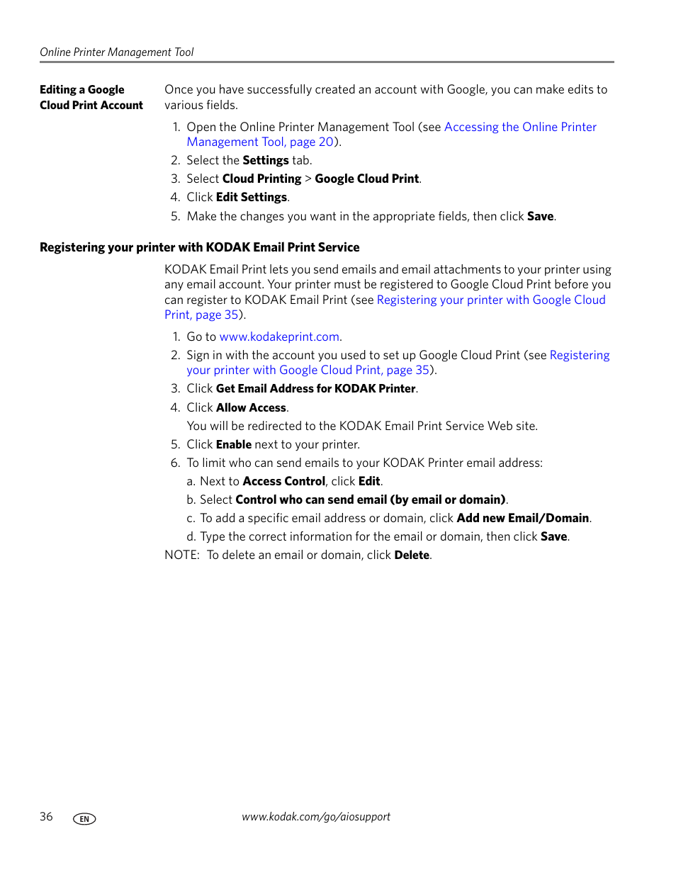 Editing a google cloud print account, Registering your printer with kodak | Kodak 9.1 User Manual | Page 42 / 145
