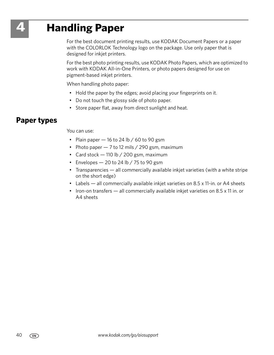 Handling paper, Paper types, 4 handling paper | Kodak 9.1 User Manual | Page 46 / 145