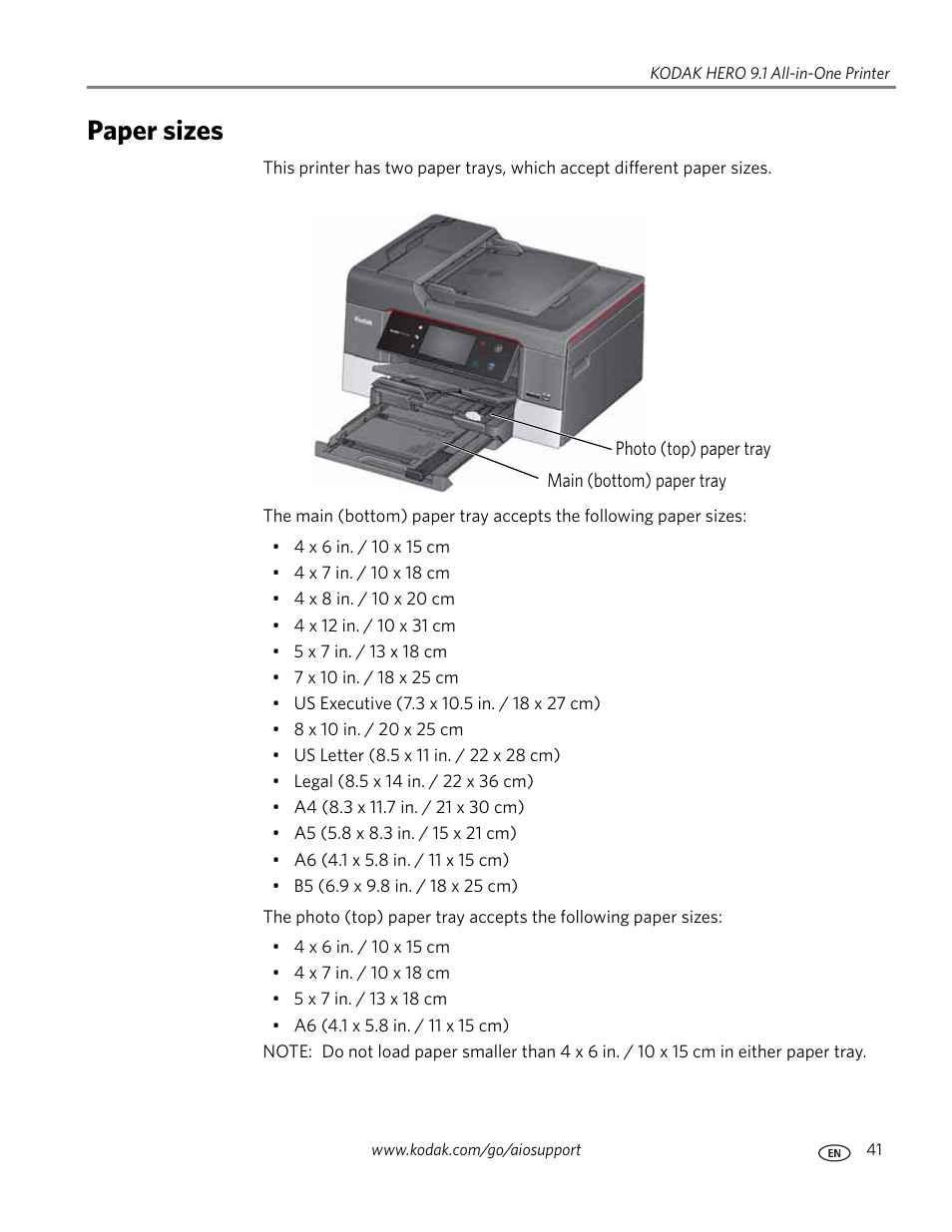 Paper sizes | Kodak 9.1 User Manual | Page 47 / 145