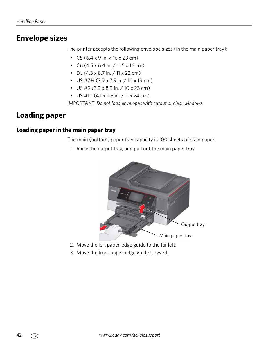 Envelope sizes, Loading paper, Loading paper in the main paper tray | Envelope sizes loading paper | Kodak 9.1 User Manual | Page 48 / 145