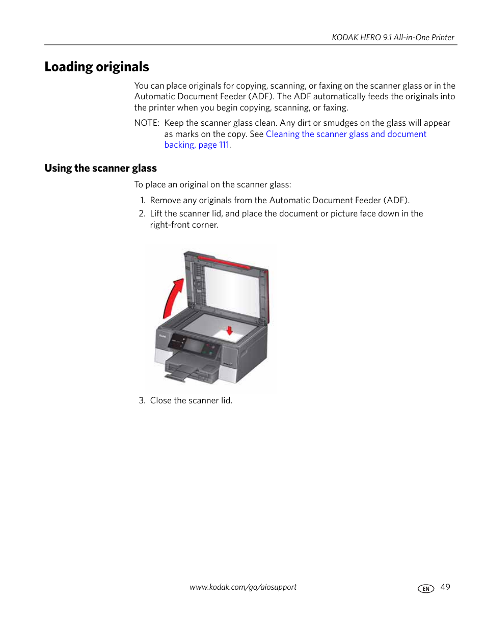 Loading originals, Using the scanner glass | Kodak 9.1 User Manual | Page 55 / 145