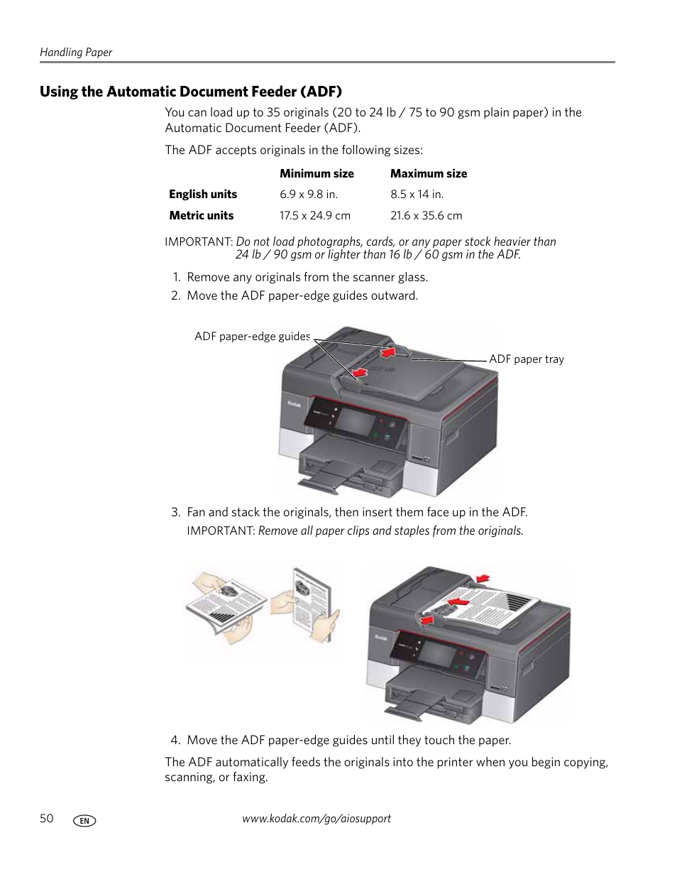 Using the automatic document feeder (adf) | Kodak 9.1 User Manual | Page 56 / 145