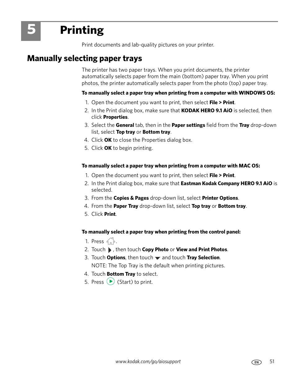 Printing, Manually selecting paper trays, 5 printing | Kodak 9.1 User Manual | Page 57 / 145
