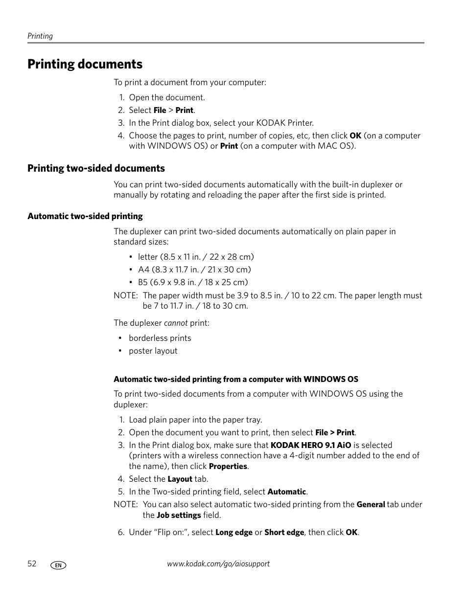 Printing documents, Printing two-sided documents, Automatic two-sided printing | Kodak 9.1 User Manual | Page 58 / 145